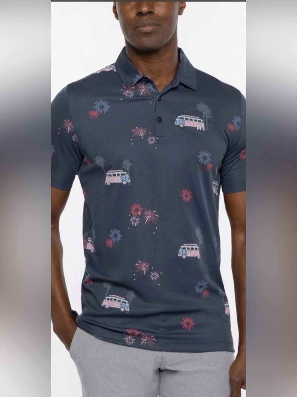 Travis Mathew Men's Blue Prestige Fireworks Polo Shirt Size XL USA patriotic
